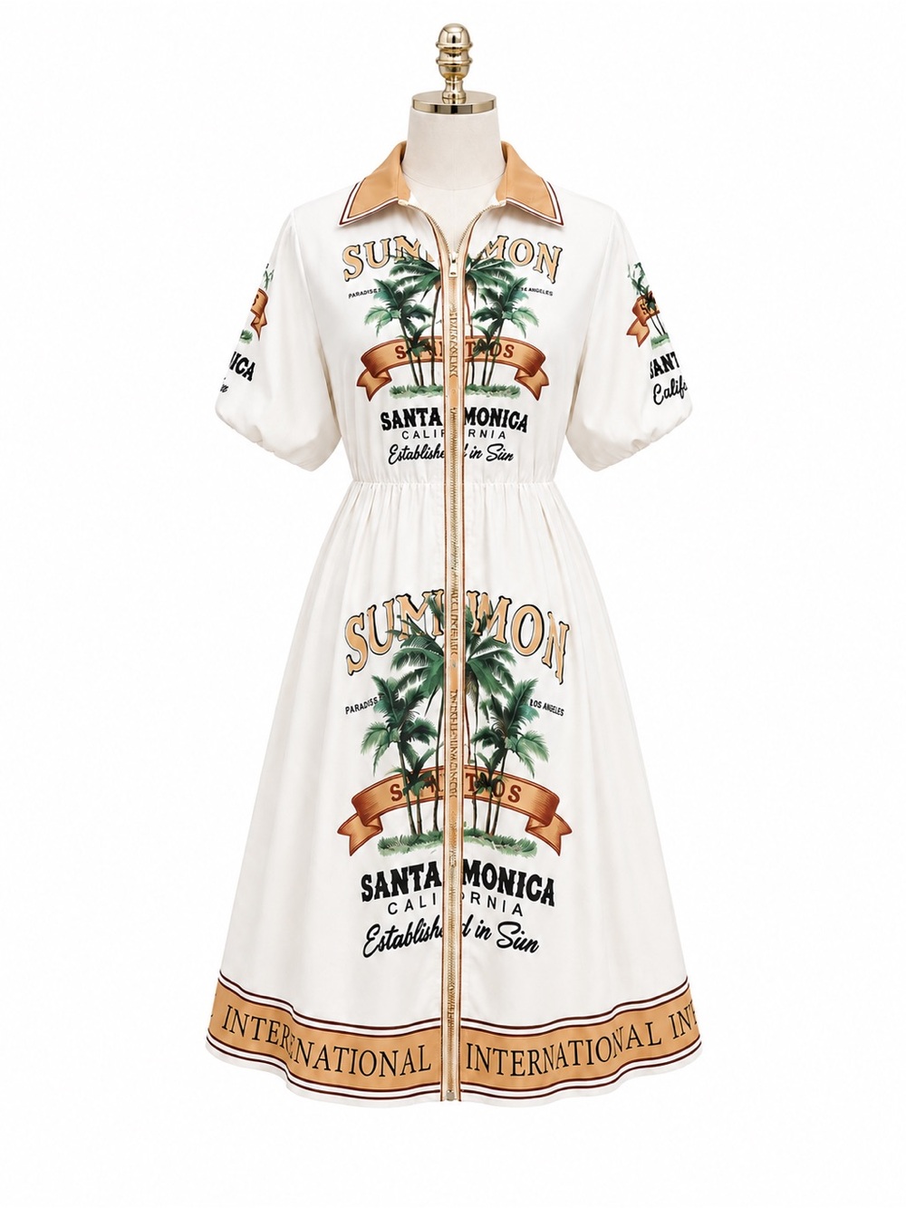 Women's Cream Graphic Zip-Front Dress with Palm Print